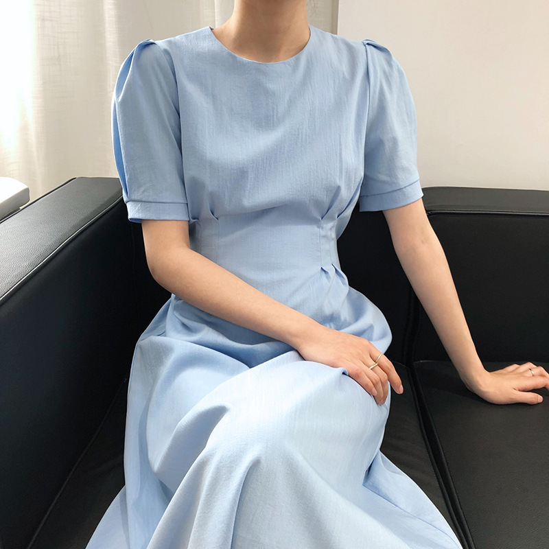 

Women's Fashion O Neck Puff Sleeve Waist Dress Ladies Summer French All Match Soild Color Elegant Gentle Long Dresses 210520, Blue