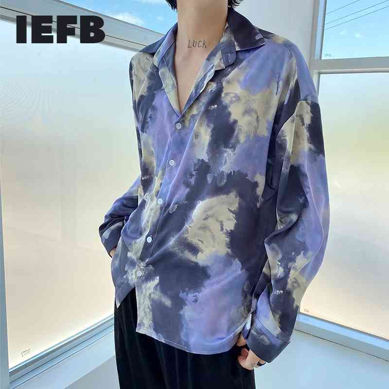 

IEFB Men's Clothing Tie Dyed Long Sleeve Shirt Korean Fashion Summer Sunscreen Loose Lapel Causal Shirts 9Y6599 210524, Blue