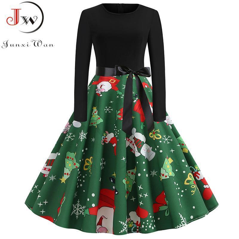 

elegant vintage print women dresses a line party christmas plus size black patchwork long sleeve slim casual winter, Black;gray