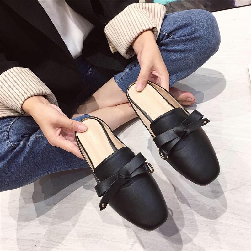 

Slippers 2021 Summer Casual Women Butterfly Knots Mules Beige Slip On Flat Slides Luxury Designer Square Closed Toe Shoe, Black