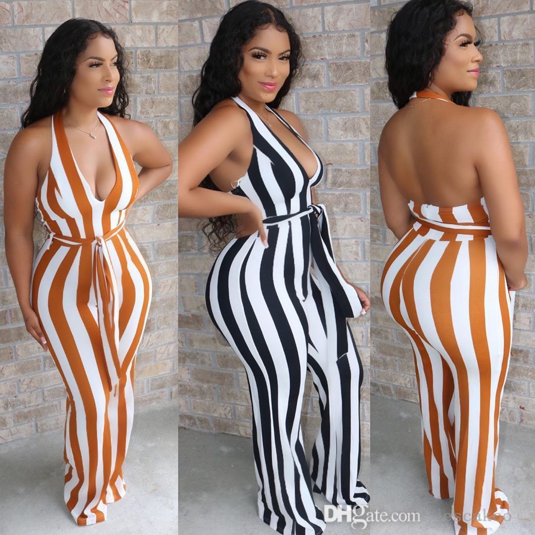 

Women Jumpsuits Designer Sexy Deep V-neck Sling Striped Printed Sleeveless Backless With Sashes Fashion Trumpet Pants Clubwear Plus Size A8701, Black