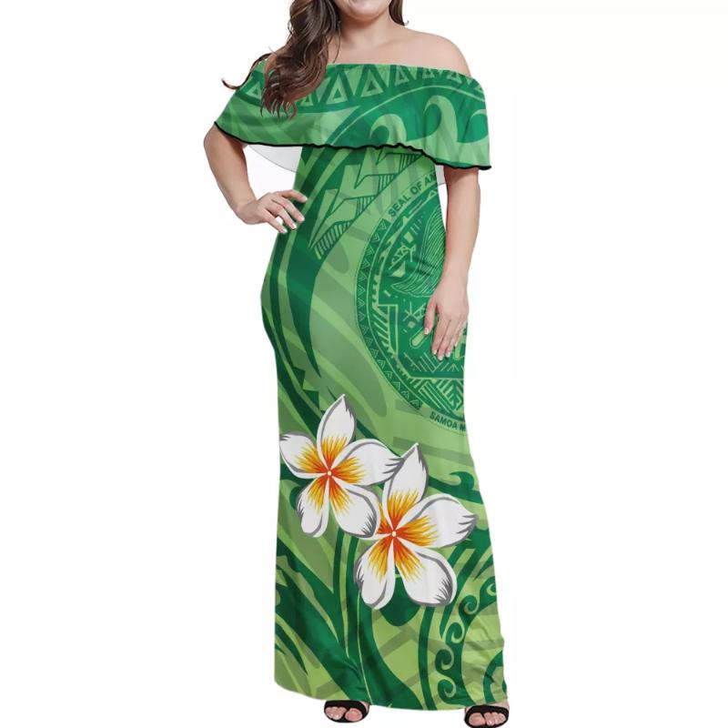 

Plus Size Dresses Hycool Polynesian Tribal Green Plumeria Sublimation Print Long Maxi Lady Ruffles Summer Women 2021, Black