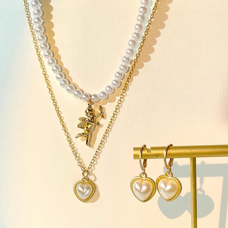 

Earrings & Necklace JUST FEEL Trendy Angel Heart Pearl Jewelry Set For Women Gold Color Chain Female Wedding Gift, Silver