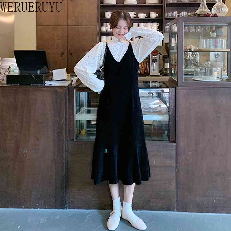 

WERUERUYU Autumn Winter Two piece set Casual White lace bottoming shirt + Sling Dress Mini Loose A-line Set 2 Piece Set 210608, Photo color