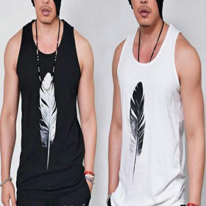 

summer mens vest singlet feather printed muscle bodybuilding sleeveless shirt male hip hop streetwear fitness, White;black