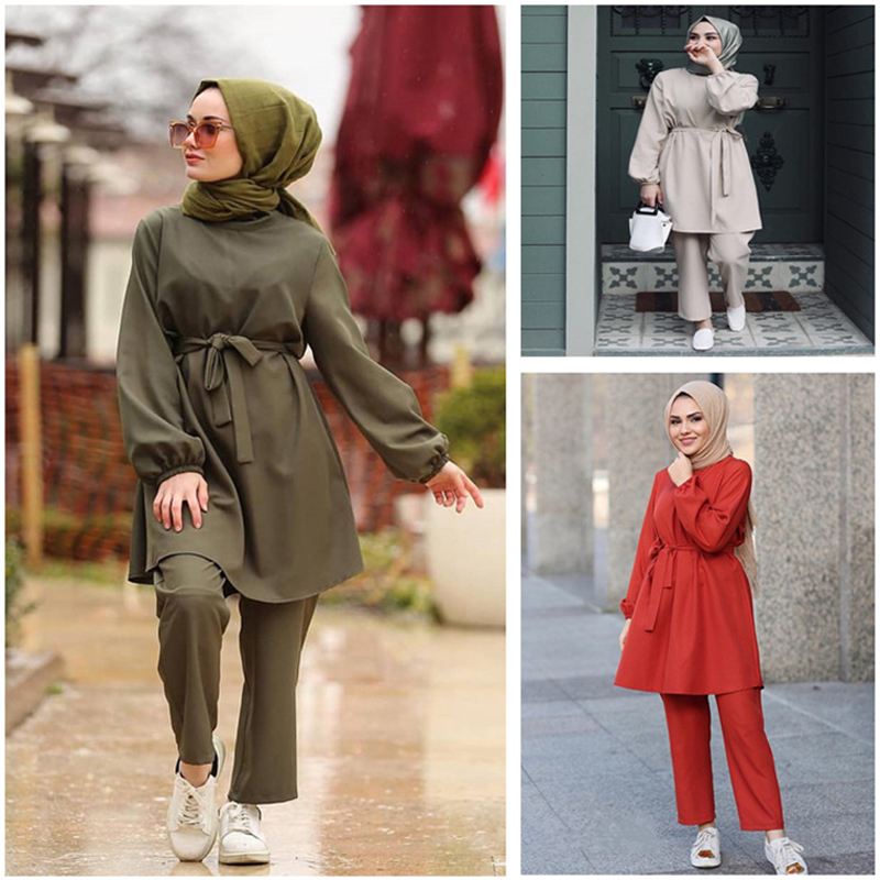 

2021muslim abaya dubai two piece set women 2021 elegant pants suit long sleeves kaftan islamic clothing fashion styles robe, Red