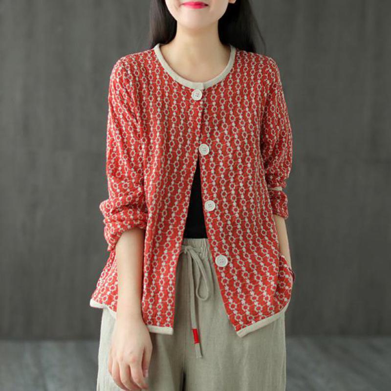 

Johnature Retro Embroidery O-neck Single Breasted Cotton Cardigan Coat Autumn Loose Leisure Long Sleeve Women Tops Coat 210521, Red
