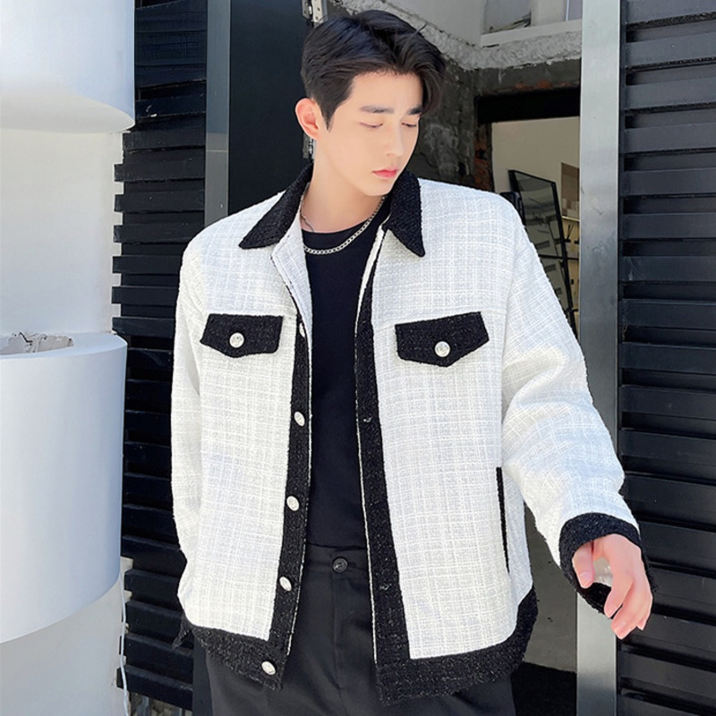 

Menswear Fashion Chic Black And White Color Block Spliced Jacket Lapel Light Silk Tweed Coat Autumn Winter 2021 New Cloth