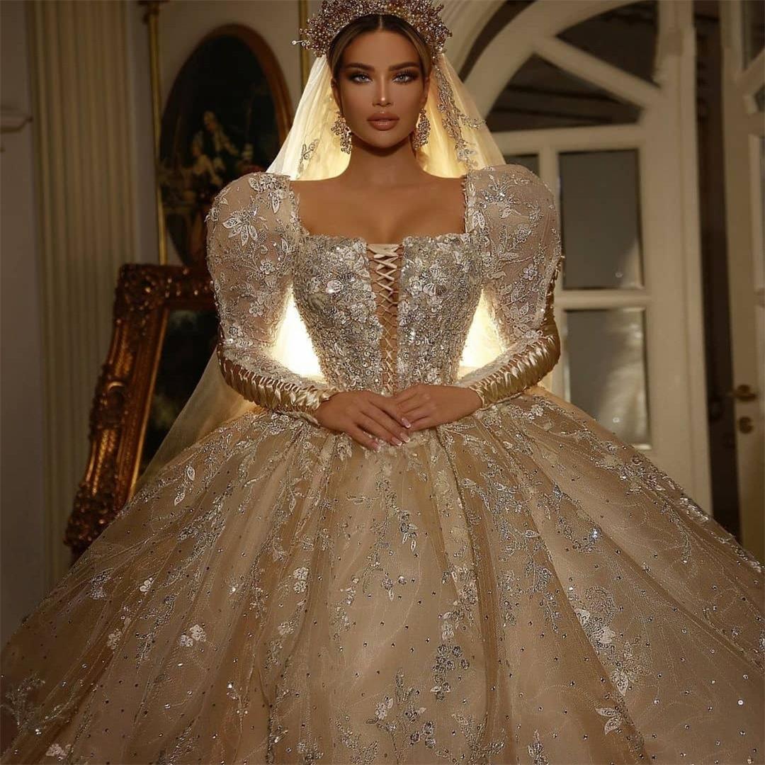 

Saudi Arabia Ball Gown Wedding Dresses Lace Up Retro Bridal Gowns Sequin Cap Sleeve Muslim vestido de novia, Sage