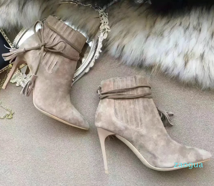 

[LOUELLA Italian-made Boots] Suede Leather Women Stiletto Boots Lady High Heels Luxury Designer Sexy Brand Ankle Boots --21, Original box;dust bag;card