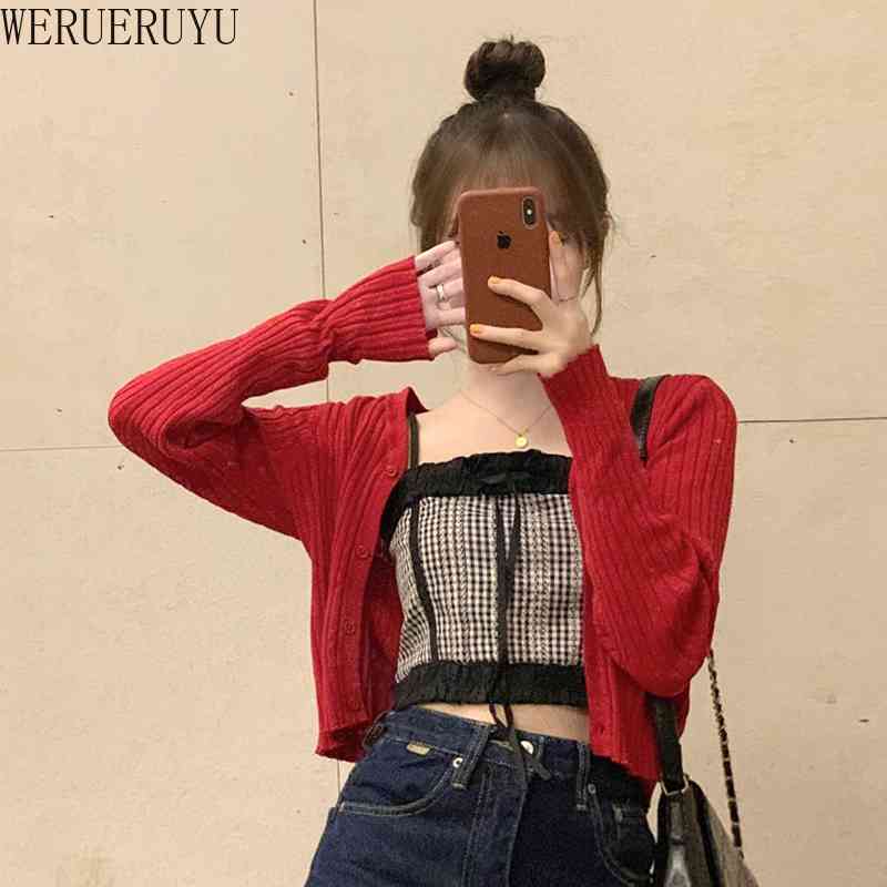 

WERUERUYU Knitted Cardigans Women Female Jacket Coat Long Sleeve Casual V-Neck Tops Sweaters Red Black 210608, Photo color