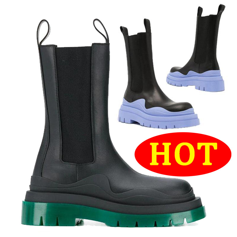 

Top quality Womens Designer Boots Leather Martin Ankle Chaelsea Boot Fashion Non-slip Wave Colored Rubber Outsole Elastic Webbing Luxury Com, Black