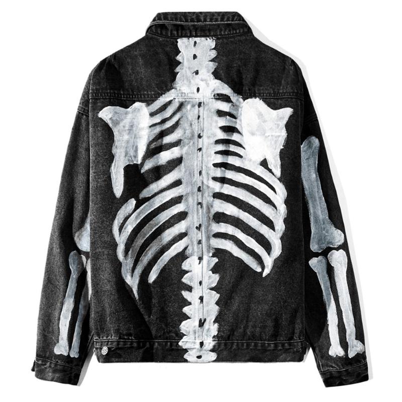 

Men's Jackets Hand-painted Skeleton Mens Denim Harajuku Hip Hop Coats Fashion Casual Male Long Sleeve Outwear Streetwear, Black