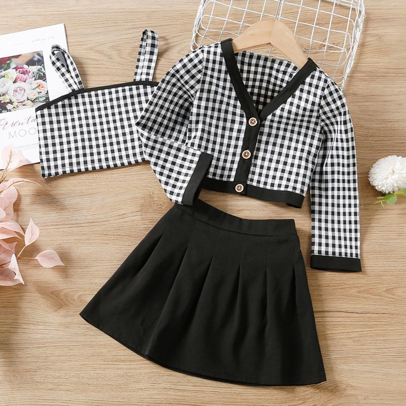 

Clothing Sets CitgeeAutumn Kid Girls Spring Set Plaid Button Coat + Black Skirt Top Clothes, White