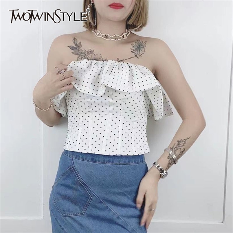 

Print Dot Short Shirts For Women Slash Neck Sleeveless Patchwork Ruffle Sexy Blouses Female Summer Fashion 210524, Black