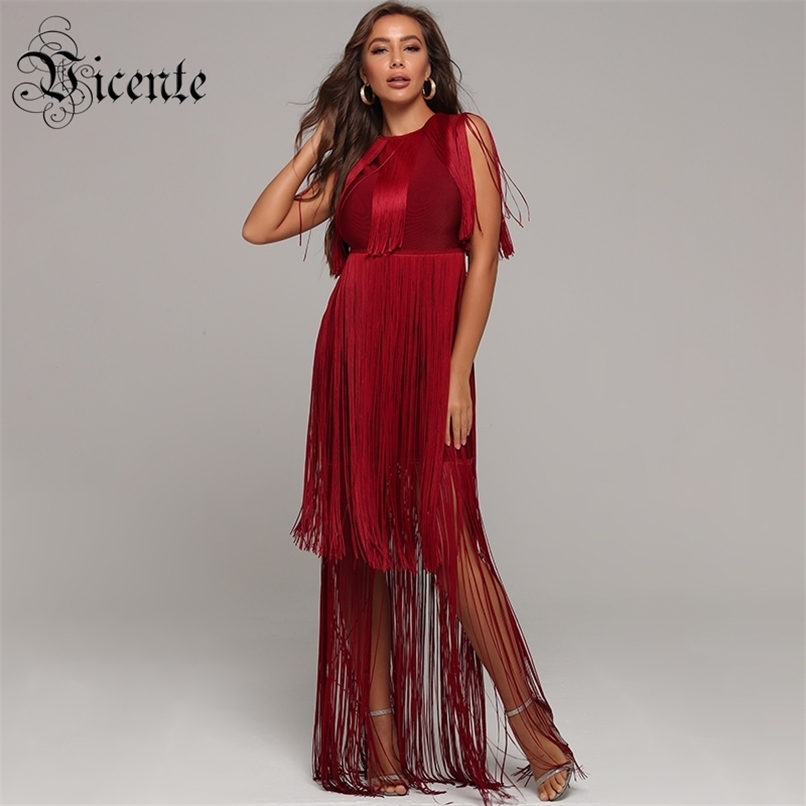 

Chic Burgundy Tassels Design Short Sleeves Celebrity Party Club Bandage Maxi Long Dress 210520