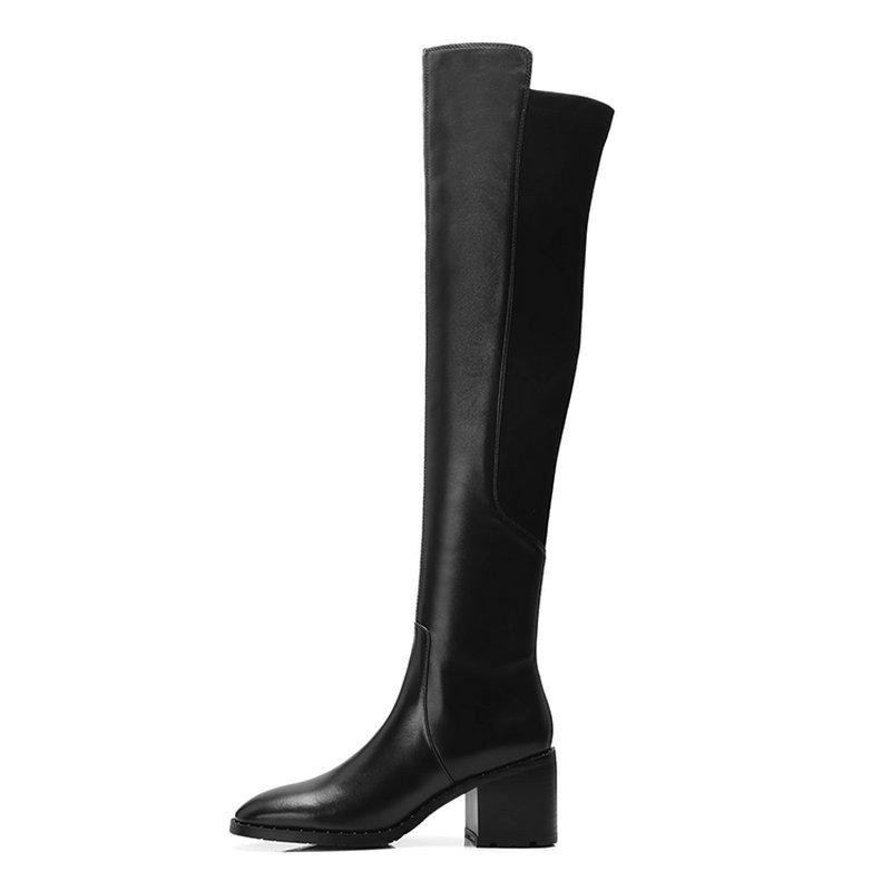

Boots 2021 Black Women Genuine Leather Over The Knee 7cm High Heel Autumn Winter Fashion Shoes