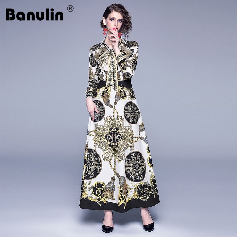 

Designer spring Autumn Runway Dress Vintage Print casual plus size long maxi Women's Elegant Vestido robe longue 210603, The picture color