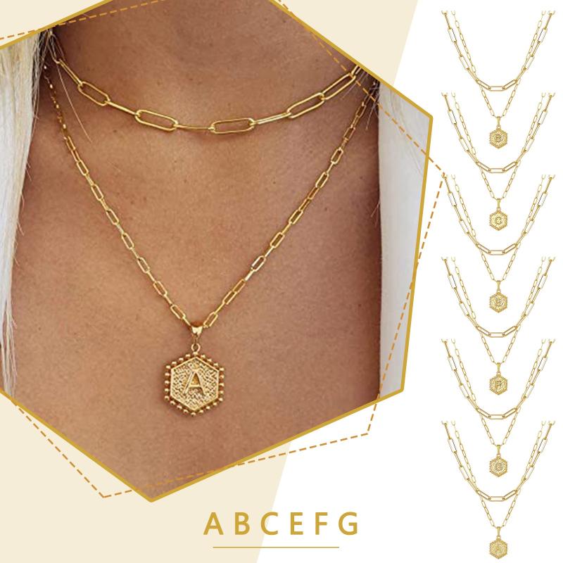 

Pendant Necklaces Trendy Female Letter Round Beads Coin Necklace Sexy 26 Hexagon Shape Letters Gold Double Paper Clip #Y7, Silver