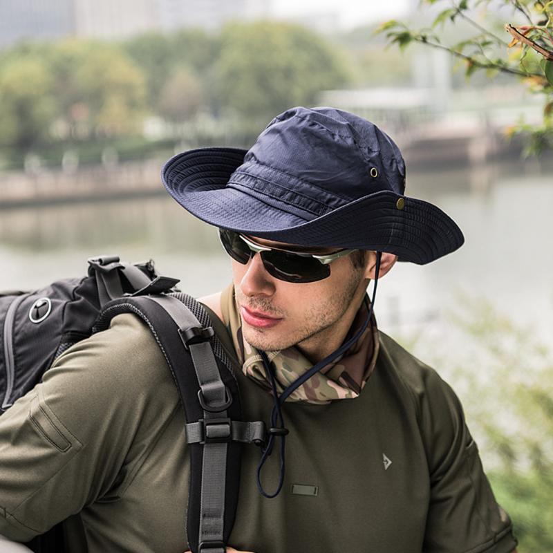

Cloches 2021 Hunting Fishing Outdoor Cap UV Protection Sunscreen Shade Fisherman Hat Solid Lace Up Wide Brim Military Bucket Hats, Black