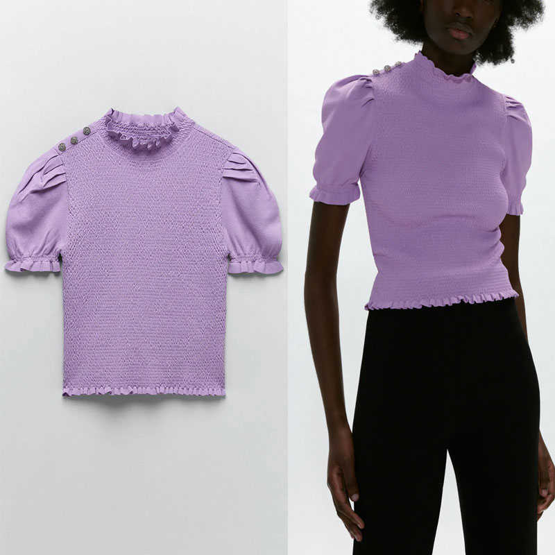

Za Purple Knit Sweater Women Short Puff Sleeve Ruffle Smocked Elastic Pullover Woman Chic Jewel Button Spring Knitted Top 210602, Violet