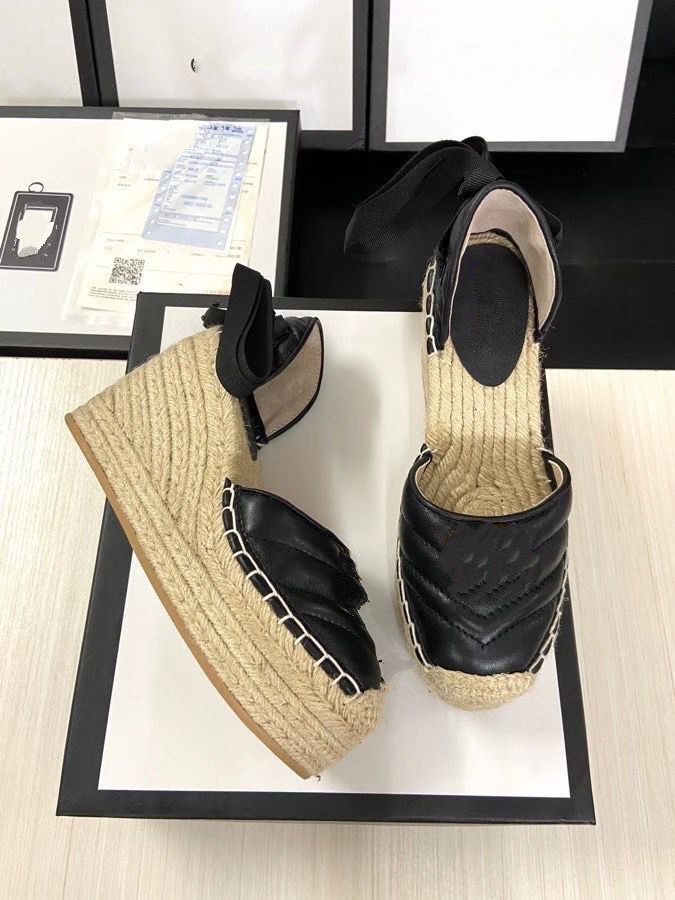 

Sexy Ankle Strap Black White Grosgrain Lace Up Calfskin Real Leather Platform Espadrilles Women Wedge Shoes size 35 to 41 tradingbear mj02