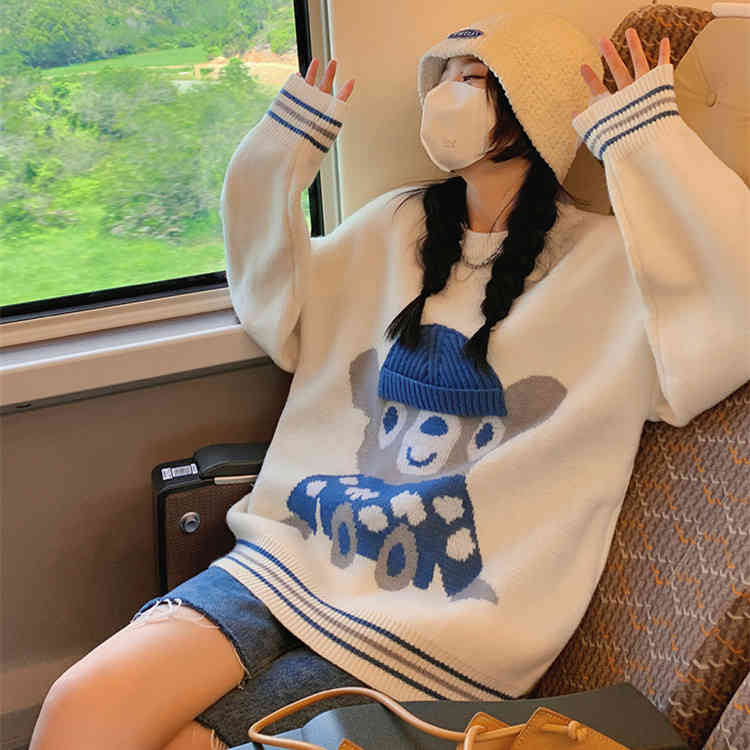 

women's sweaters biggorange fashion milky blue bear autumn new loose korean lazy knit pullover 80bi, White;black