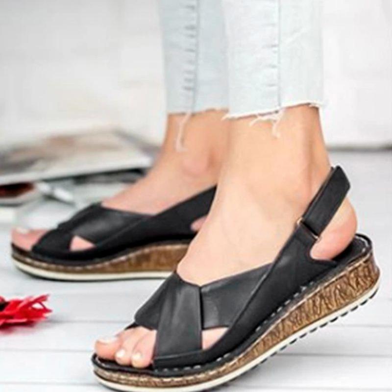 

Dress Shoes Women Sandals Summer 2021 Female Woman Peep-toe Wedge Comfortable Slip-on Flat Sandalias#g3, Black