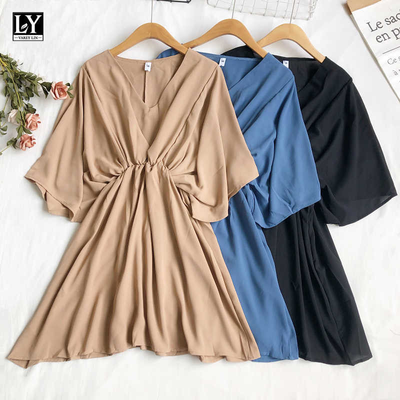 

LY VAREY LIN Summer Women Loose Batwing Sleeve A-line Dresses Casual Solid Color V-neck High Waist Female 210526, Khaki