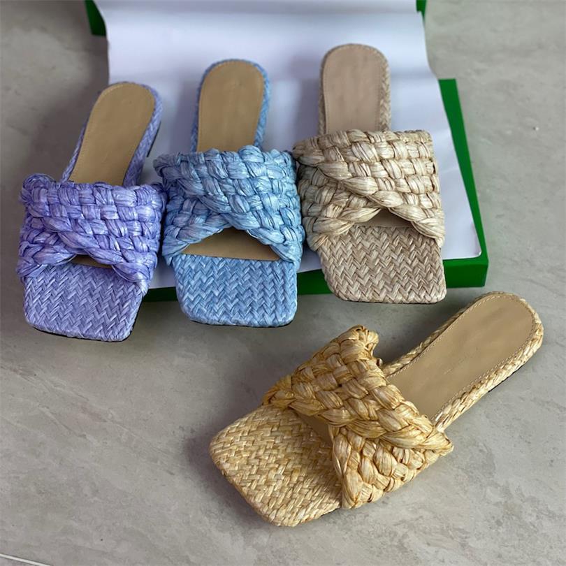 

2021 Women Stretch Flat Sandals Intrecciato Raffia Mule Slides Elongated Squared Toe 9cmHigh Heels Real Leather Slippers Top Quality With Box 313, Color 2