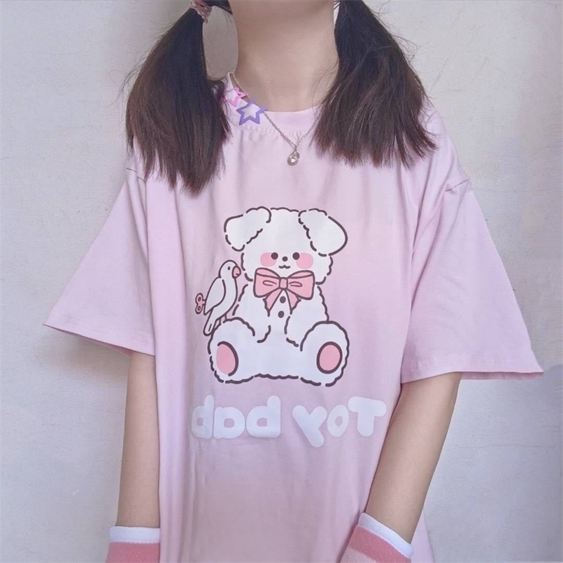 

QWEEK Graphic Tee Fashion Kawaii Tshirt Women Short Sleeve Clothes Loose Cartoon Print Cute Pink Casual T Shirt 210708