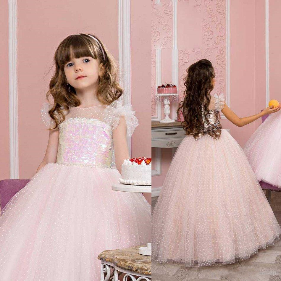 

2021 Modest Flower Girl Dress Sleeveless Jewel Neck Zipper Sequins Ball Gown Ankle Length Tulle Lace Princess, White
