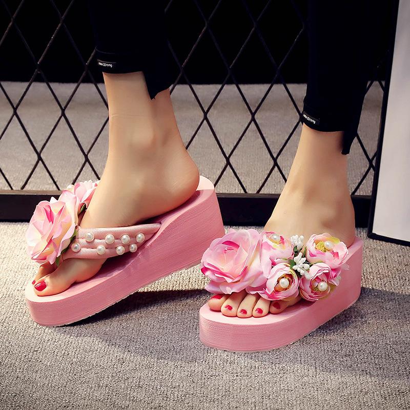 

High Heel Women Summer Slipper Female Sequined Flower Flip Flop Holiday Breathable Non-Slip Slippers Outdoor Beach Shoes, Black