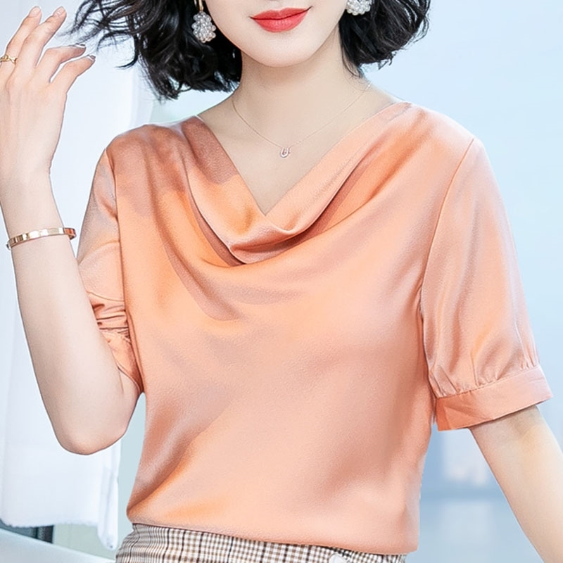 

Summer Short Sleeve Blouse Women Blusas Mujer De Moda Casual V-neck Chiffon Blouse Shirt Women Tops Clothes Shirts D125 210602, Orange