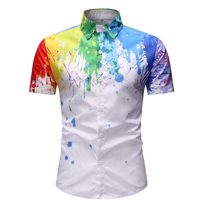 

men's splash 3d digital printing summer thin short sleeve loose beach men's casual fashion shirt, White;black