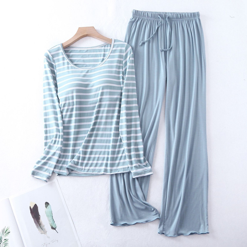 

Casual Loose Pajamas for Women Long Sleeve Autumn Winter Pijamas Womens Sleepwear Bra pad Stripe Ladies Set Pyjama Femme, Black