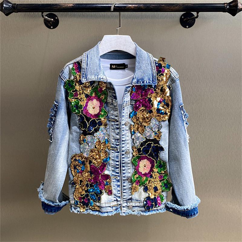 

Women's Jackets Fashion Sequins Flower Diamond Denim Jacket Spring Autumn Single Breasted Long Sleeve Jeans Coat Female Slim Outwear G1695, Black;brown