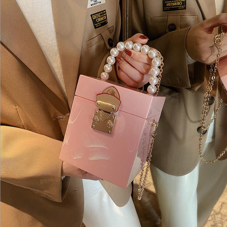 

wholesale women bag small fresh solid color hard box chain bag sweet candy-colored Acrylic square handbag street trend Marble Beads fashion shoulder bags