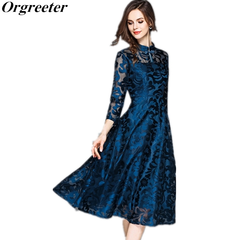 

Summer Autumn Lace Dress Work Casual Slim Fashion Cheongsam collar Sexy Hollow Out Vintage Plate buckle Women' 3 Colors 210525, Black