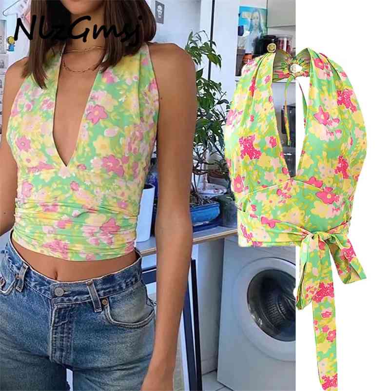 

Women Halter Crop Top Sexy Plunge Deep V-Neck Backless Camisole Boho Floral Print Tie Waist Beach Vest 05 210628, As picture