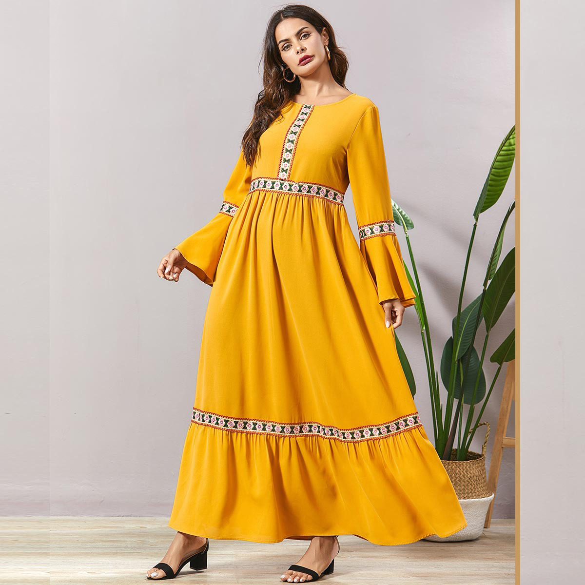 

Turkey Arab Muslim Women Dress Abaya Bohomian Spring Maxi Long Vestidos Islamic Clothing Eid Musulman Hijab Moroccan Kaftan 2021