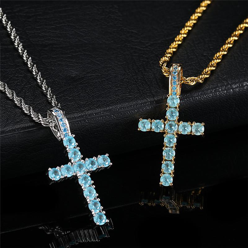

Blue Diamond Zircon Solid Back Small Cross Pendant Necklace with Rope Chain Mens Hip Hop Jewelry Gift