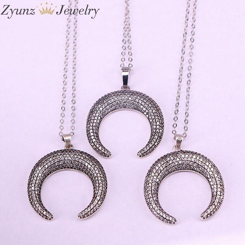 

Pendant Necklaces 5PCS, Cubic Zirconia Genuine Vintage Silver Color Copper Necklace Double Horn For Women Jewelry Party Gift