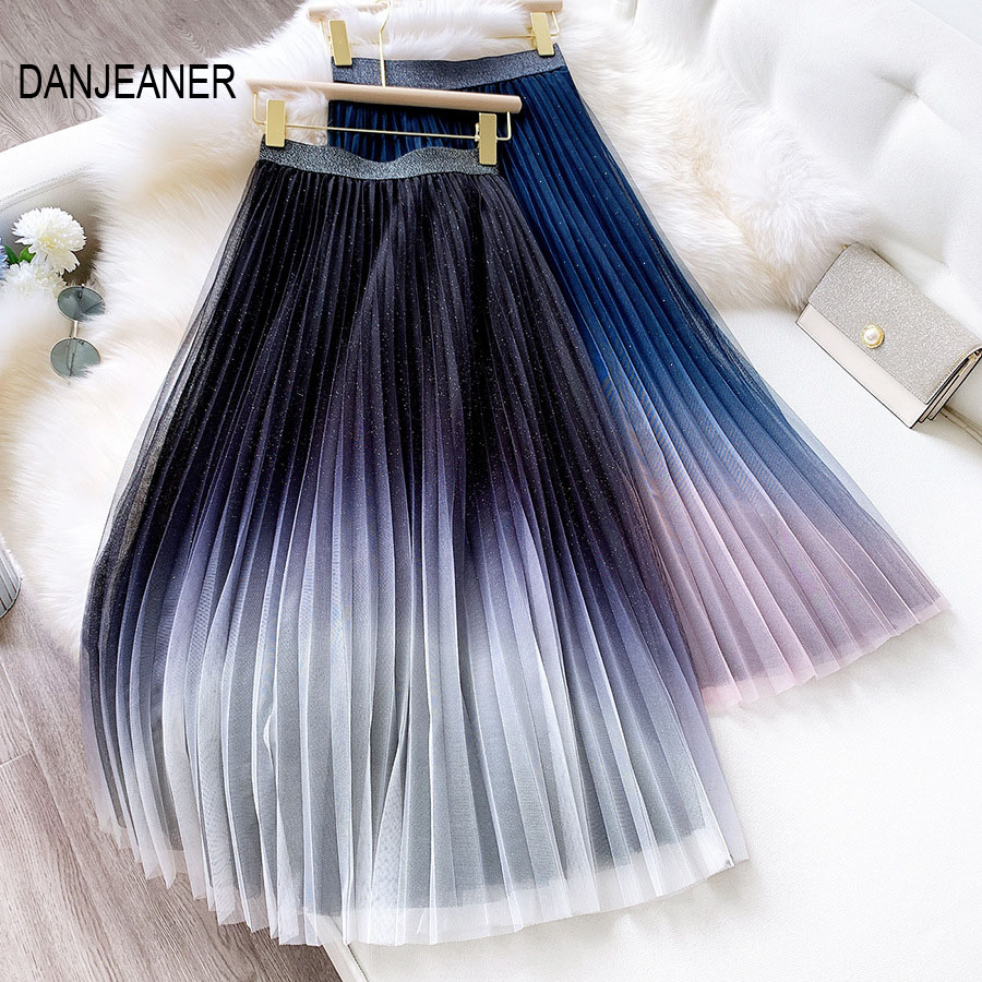 

DANJEAN Starry Sky Gradient Mesh Skirt Female 2021 Spring High Waist Tulle Pleated Skirt FairyThin A-line Skirt Streetwear, Bluewhite