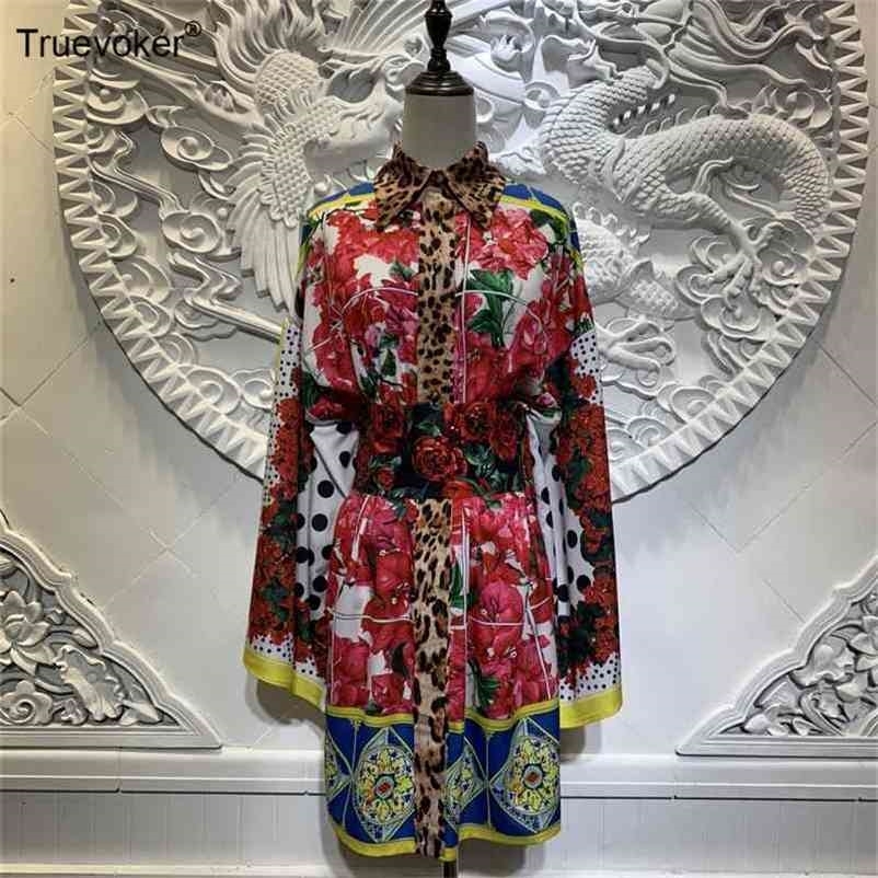 

Truevoker Spring Fashion Holiday Women Party Dresses Lady Long Sleeves Red Floral Print Diamond Crystal Belted Shirt Dress 210602