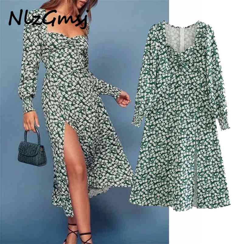 

england ins blogger vintage floral print forking summer dres vestidos de fiesta noche beach 210628, Green