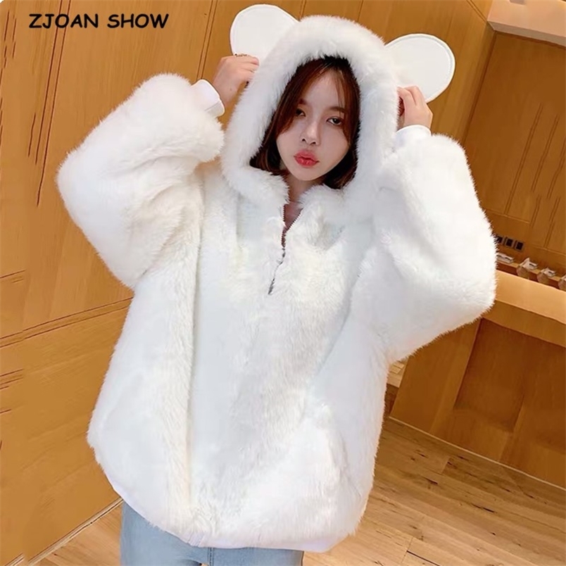 

Oversize Winter Stay Warm Cat ears Hooded Large size Faux Fur Coat Casual Long sleeve Women Jacket Outwear 210429, Pink