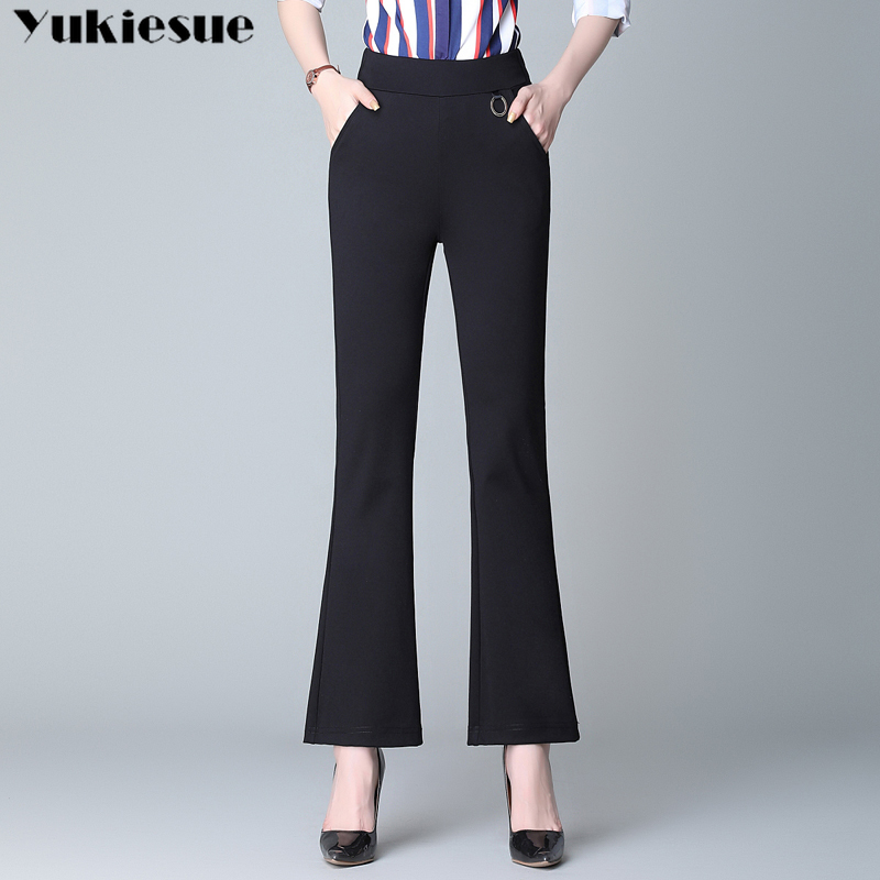 

Black Elegant Office Lady high Elastic Waist Flare Hem Pants Casual Solid womens capris Spring Women Trousers 210518