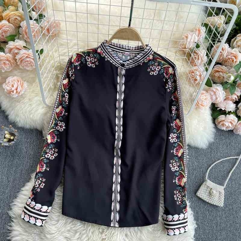 

S-2XL light mature female style spring and summer ladies shirt temperament small stand-up collar printing long-sleeved 210525, Black