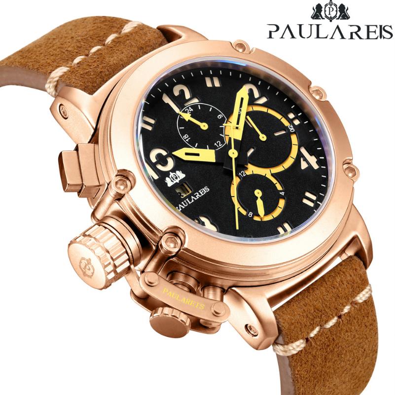 

Men Automatic Self Wind Mechanical Genuine Brown Leather Multifunction Date Boat Month Luminous Limited Rose Gold Bronze U Watch Wristwatche, Gold yellow